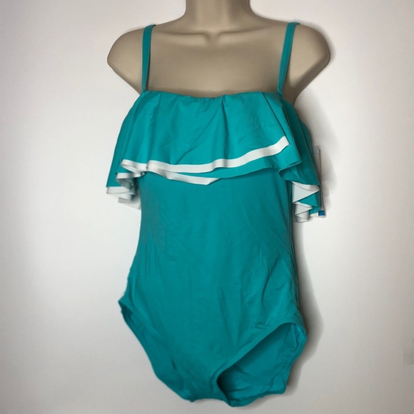 NWT Contours by Coco Reef Agate Ruffle Bandeau One Piece Size 12/36C - Aqua - Picture 2 of 9